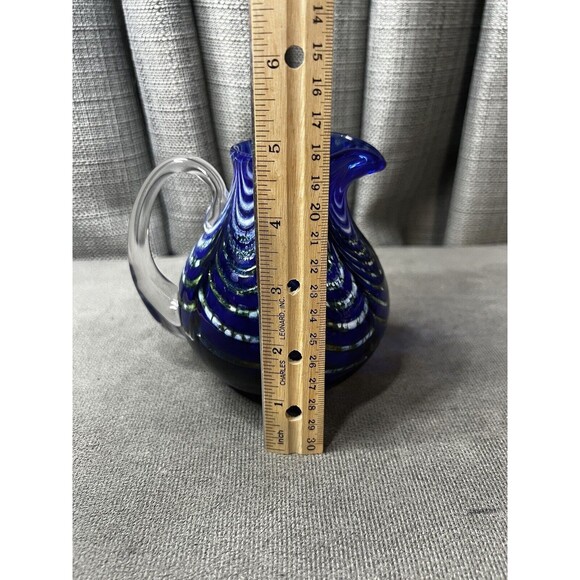 Kyle Gribskov Cobalt Blue Iridescent Inlaid Swirls Wave Blown Art Glass Pitcher - Picture 15 of 16